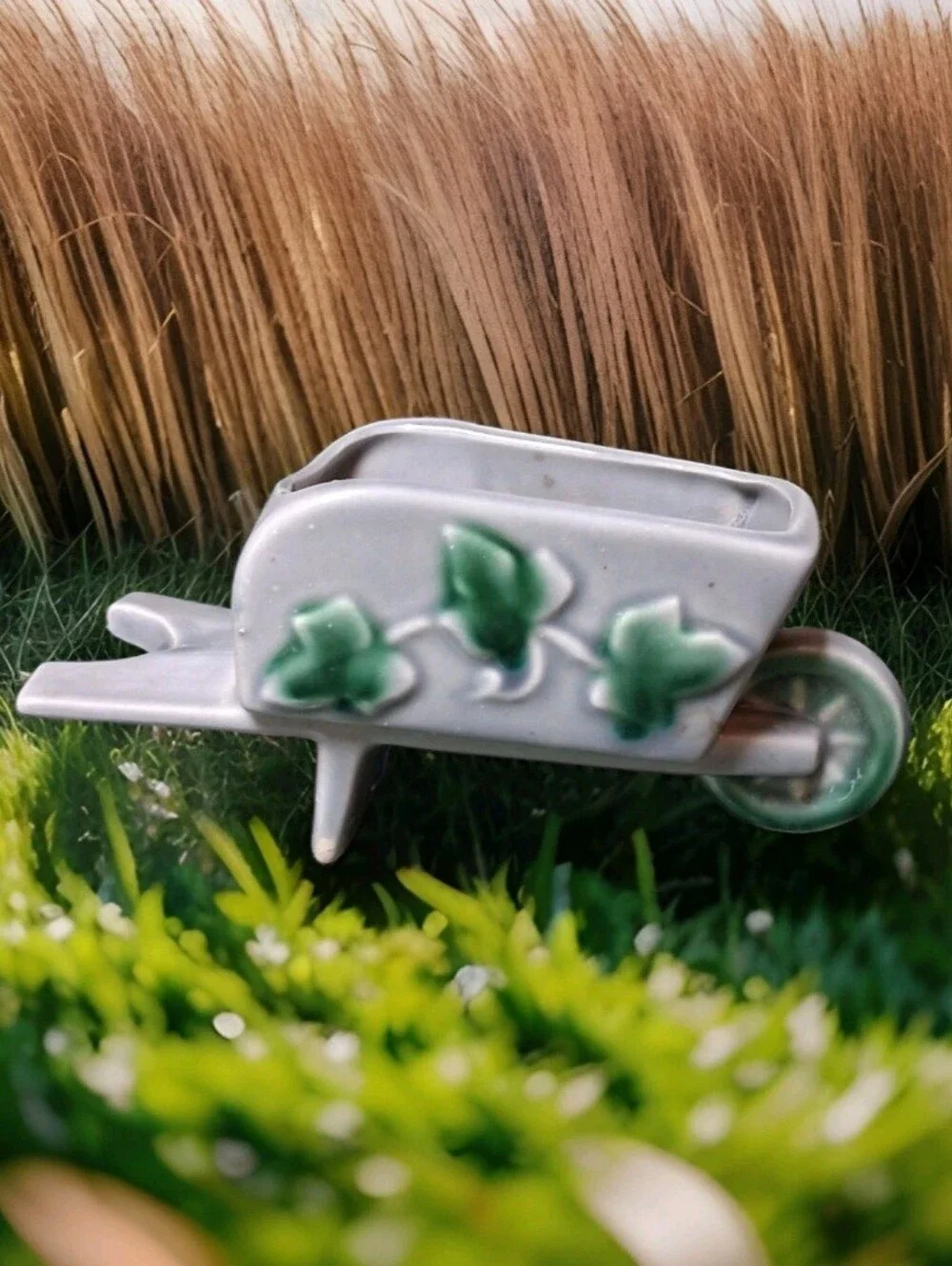 Vintage Shawnee Mccoy Gray Green Wheelbarrow With Ivy Planter Glossy